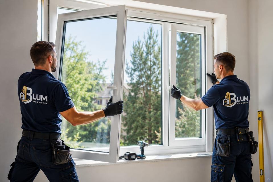 Zwei Mitarbeiter von Blum Bau & Service setzen ein neues Fenster ein